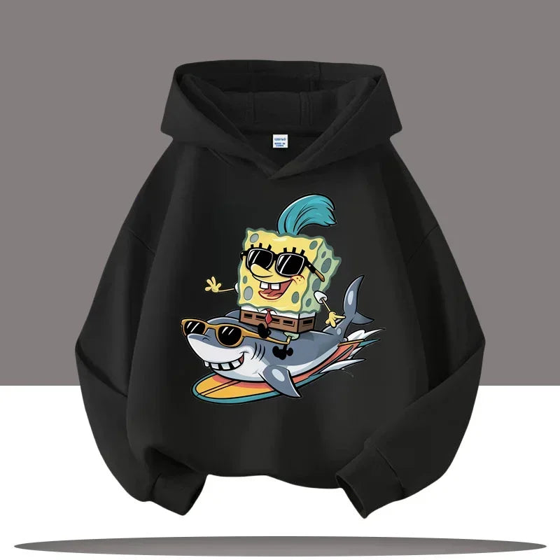 Hoodie noir Bob l'Éponge : action requin, style urbain
