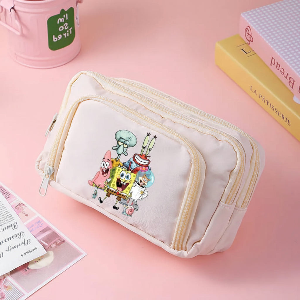 Trousse beige Bob l'Éponge : Bob, Carlo, Mr. Krabs, Patrick et Sandy