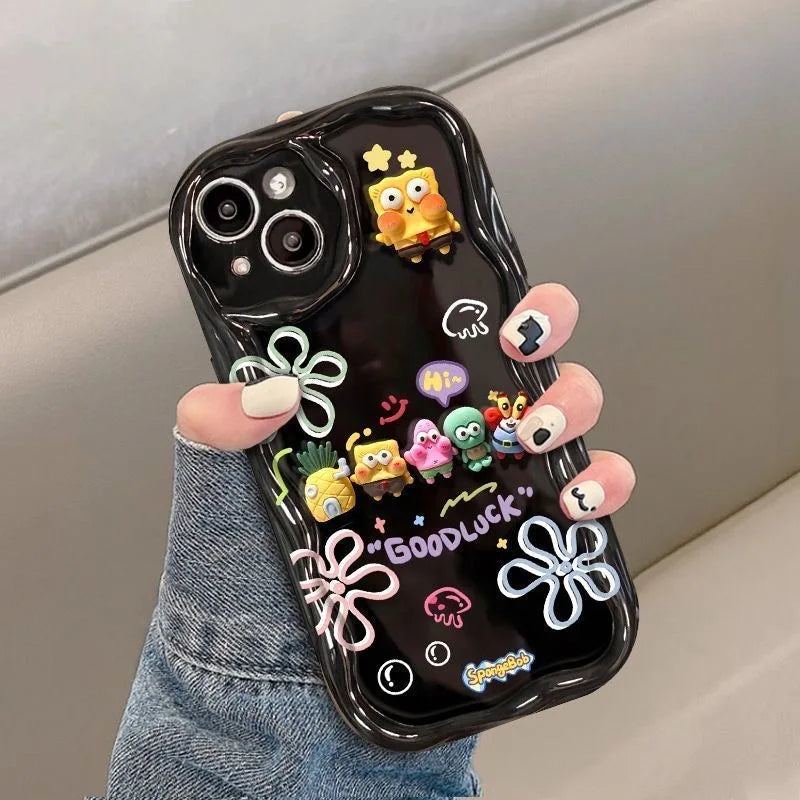 Coque silicone noire Bob l'Éponge : motif fleurs