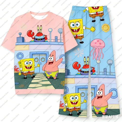 Pyjama court Bob l'Éponge : t-shirt rose et pantalon bleu