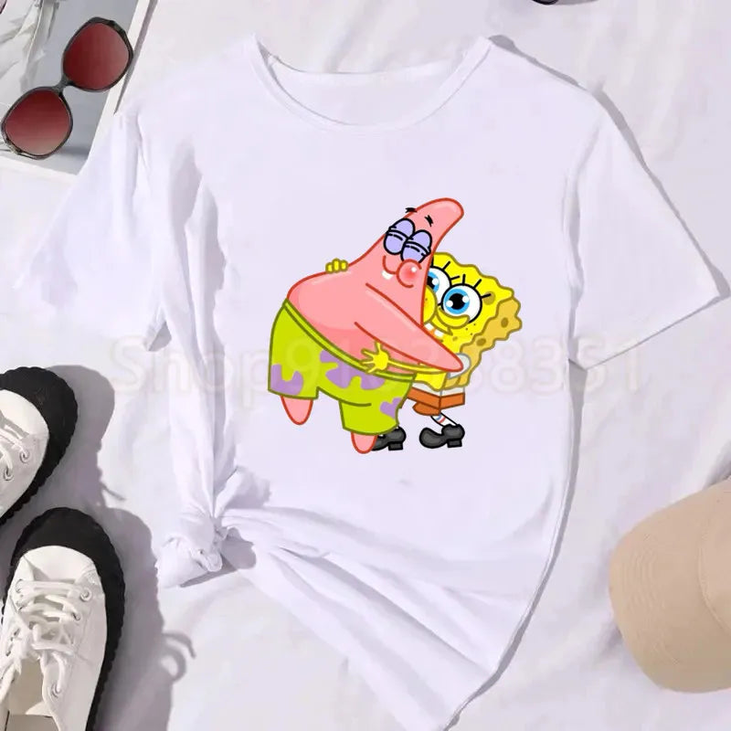 T-shirt blanc Bob l'Éponge : Patrick sur le dos, les amis