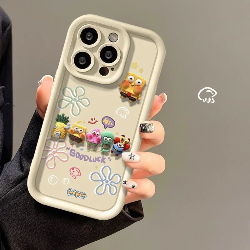 Coque de téléphone beige Bob l'Éponge : famille en relief 3D