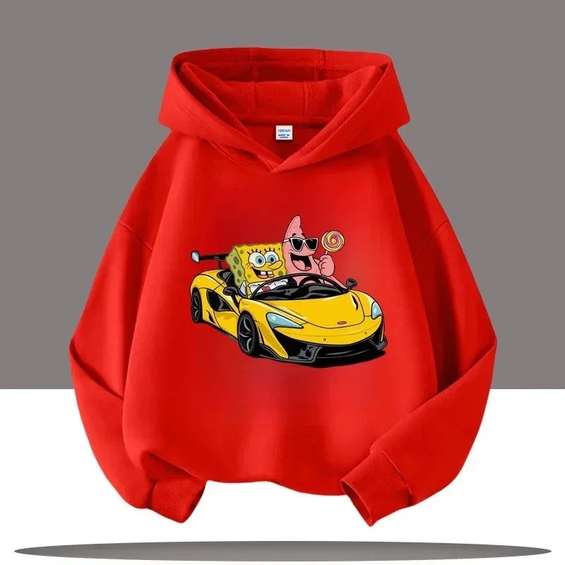 Sweat à capuche rouge Bob l'Éponge : rallye sport, voiture jaune