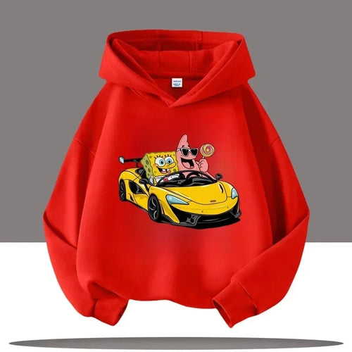 Sweat à capuche rouge Bob l'Éponge : rallye sport, voiture jaune